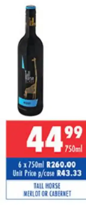 Ultra Liquors Tall Horse Merlot or Cabernet 750ml offer