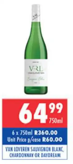Ultra Liquors Van Lov'eren Sauvignon Blanc, Chardonnay or Daydream 750ml offer