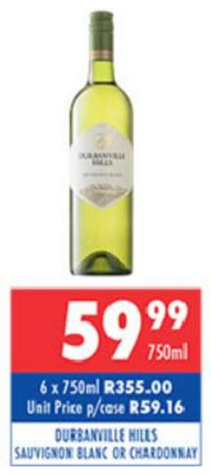 Ultra Liquors Durbanville Hills Sauvignon Blanc or Chardonnay 750ml offer