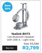 Yealink bh72 lite bluetooth headset with usb-a light grey