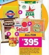 Game Excella sunflower oil 2l,white star super maize meal 10kg,selati whit sugar 5kg-for all offer