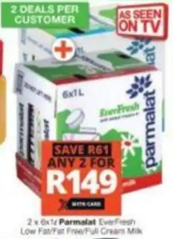 Checkers 2 x 6 x 1L Parmalat EverFresh Low Fat / Fat Free / Full Cream Milk offer