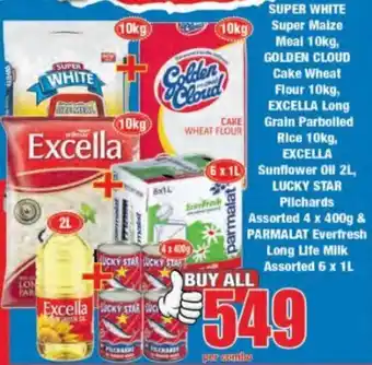 Boxer Super White Super Maize Meal, Golden Cloud Cake Wheat Flour, Excella Long Grain Parboiled Rice/ Sunflower Oil, Lucky Star Pil offer