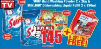 Boxer Surf Hand Washing Powder 2 x 2kg & Sunlight Dishwashing Liquid Refill 2 x 750ml offer