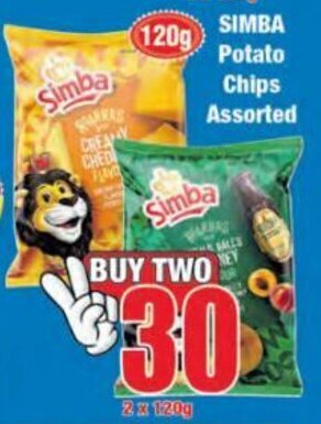 Simba Potato Chips Assorted 2 x 120g offer at Boxer