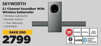 HiFi Corp Skyworth 2.1 Channel Soundbar with Wireless Subwoofer offer