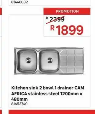 Leroy Merlin Kitchen sink 2 bowl 1 drainer cam africa stainless steel 1200mm x 480mm offer