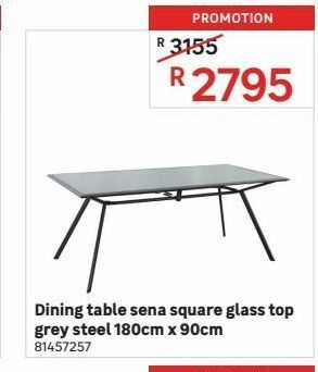 Dining table sena square glass top grey stel 180cm x 90cm