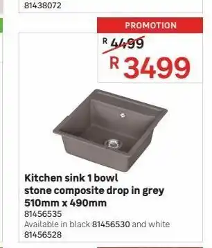 Kitchen sink 1 bowl stone composite drop in grey 510mm x 490mm
