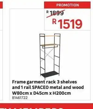 Frame garment rack 3 shelves and 1 rail spaceo metal and wood w80cm x d45cm x h200cm