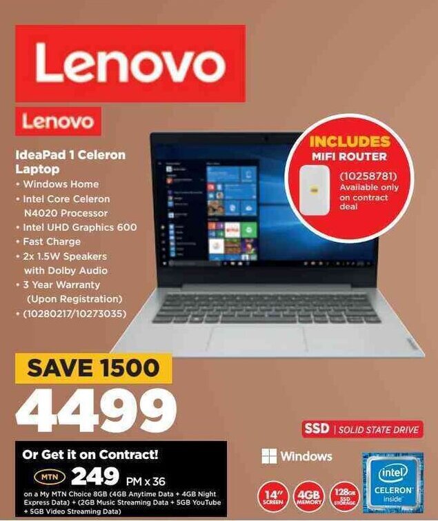Lenovo IdeaPad 1 Celeron Laptop offer at HiFi Corp