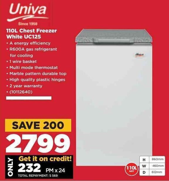 Univa 110L chest Freezer White UC125 offer at HiFi Corp