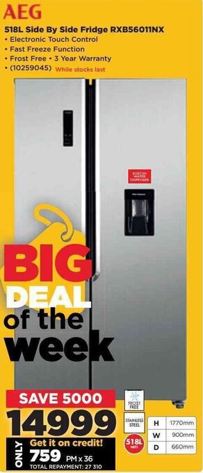 HiFi Corp AEG 518L Side by side Fridge RXB56011NX offer