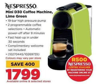 HiFi Corp Nespresso Mini D30 Coffee Machine Lime Green offer