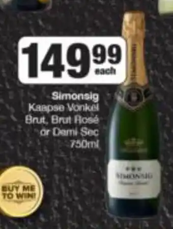 Simonsig Kaapse Vonkel Brut, Brut Rosé or Demi Sec 750ml