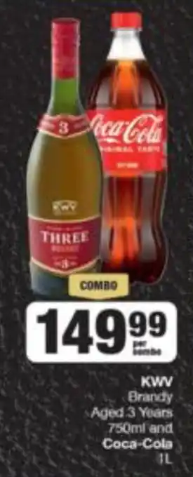 Spar Tops KWV Brandy Aged 3 Years 750ml and Coca-Cola 1L per combo offer