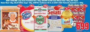 Boxer Aunt Caroline Rice , Golden Cloud Flour, Ace Super Maize Meal, Selati White Sugar, Sunfoil Sunflower Oil, Lucky Star Pilcharr offer