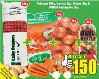 Boxer Potatoes 10kg, Carrots 5kg, Onions 3kg & Jabula Red Apples 3kg per combo offer