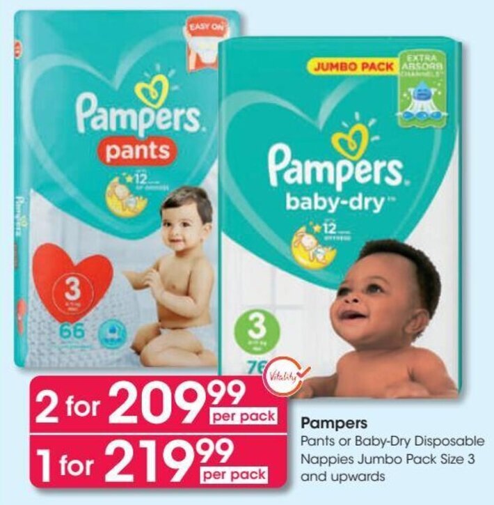 Pampers Pants or BabyDry Disposable Nappies Jumbo Pack Size 3 and