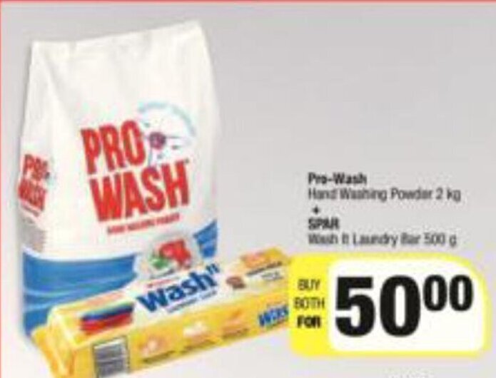 ProWash Hand Washing Powder 2kg + SPAR Wash it Laundry Bar 300g offer