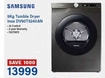 Incredible Connection Samsung 9kg Tumble Dryer Inox DV90T5240AN offer