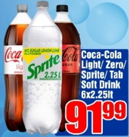 CocaCola Light/Zero/Sprite/Tab Soft Drink 6 x 2,25lt offer at Three Star Cash and Carry