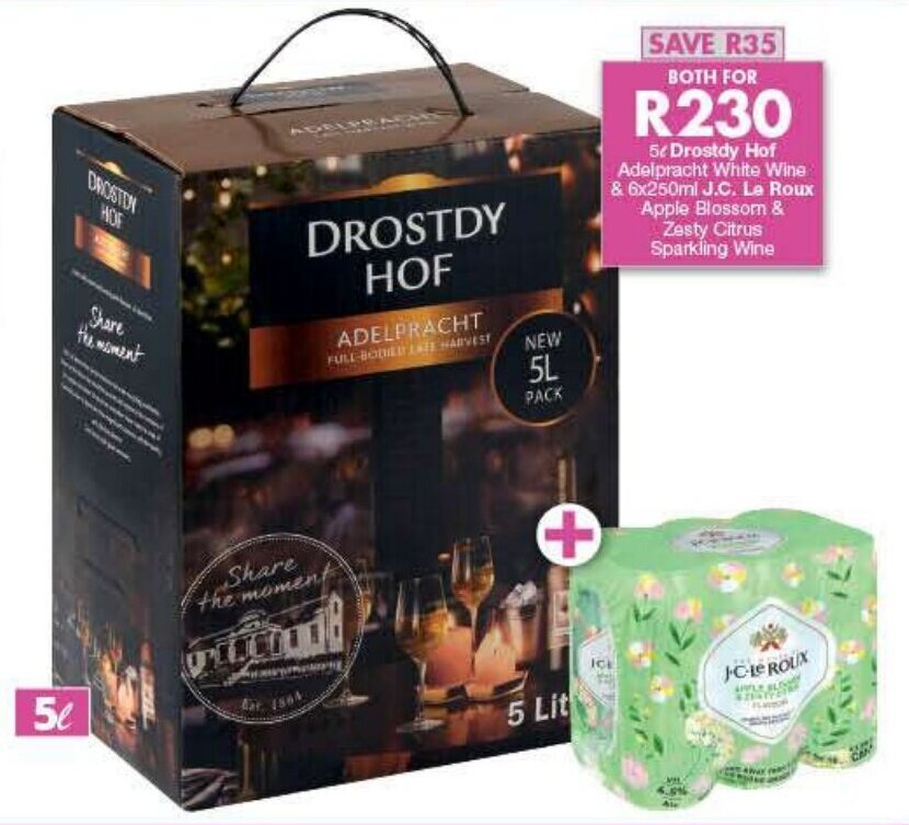 Drostdy Hof Adelpracht White Wine 5L & J.C Le Roux Apple Blossom & Zesty Citrus Sparkling Wine 6
