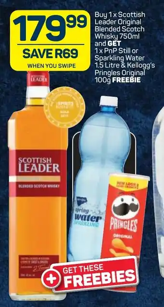 Pick n Pay Liquor Scottish Leader Original Blended Scotch Whisky 750ml and PnP Still or Sparkling Water 1.5 litre & Kellogg's Pringles Original offer
