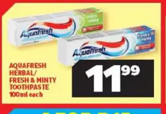 Usave Aquafresh Herbal / Fresh & Minty Toothpaste 100ml each offer