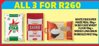 Usave White Star Super Maize Meal 10kg + Sasko Cake Wheat Flour 10kg + Spekko Long Grain Parboiled Rice 10kg offer