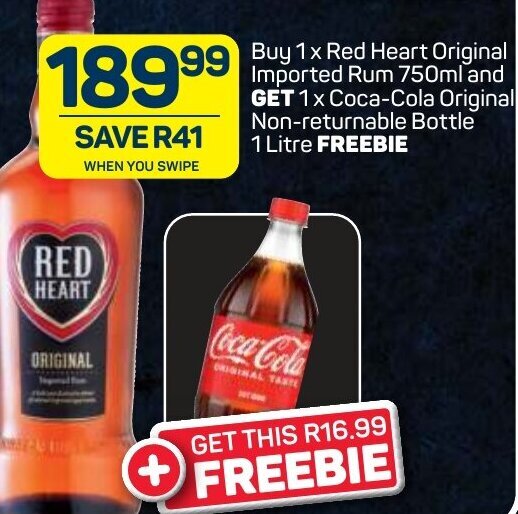 Buy 1 Red Heart Original Imported Rum 750ml and Get 1 CocaCola