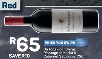 Pick n Pay Liquor Du Toitskloof Shiraz, Pinotage or Merlot & Cabernet Sauvignon 750ml offer