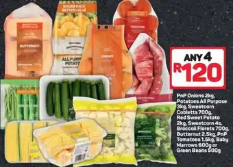 Pick n Pay PnP Onion 2kg Potatoes All Purpose 3kg, Sweetcorn Cobletts 700g Red Sweet Potato 2kg, Sweetcorn 4s, Broccoli Florets 700g offer