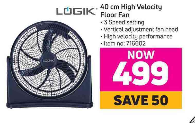 Logik 40cm high velocity floor fan offer at Game