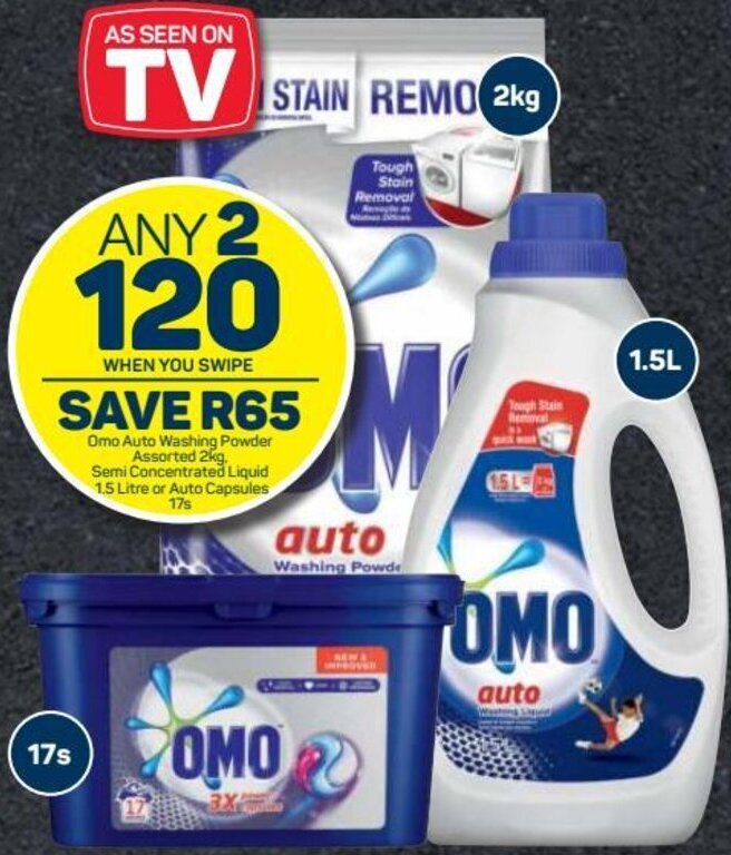 Omo Auto Washing Powder 2kg, Semi Concentrated Liquid 1,5L offer at
