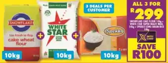 FoodWorld Snowflake Cake Wheat Flour + White Star Super Maize Meal + Spekko Long Grain Rice 3 x 10kg each offer