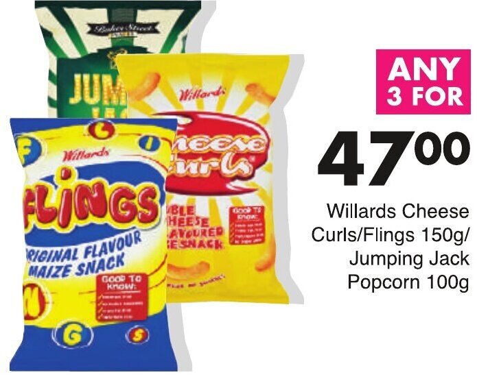 Willards Cheese Curls/Flings 150g/ Jumping Jack Popcorn 100g offer at Save