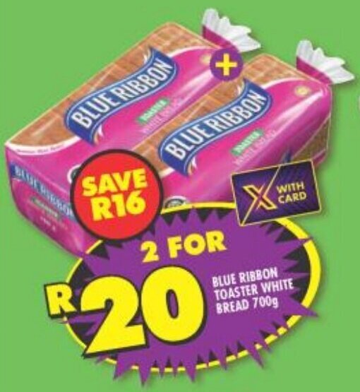 Blue Ribbon Toaster White Bread 2 x 700g offer at Shoprite
