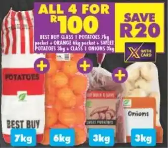 Shoprite Best Buy Class 1 Potatoes 7kg pocket + Orange 6kg pocket + Sweet Potatoes 3kg + Class 1 Onions 3kg offer