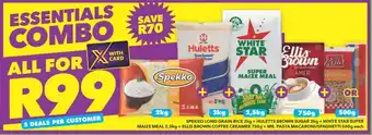 Shoprite Spekko Long Grain Rice 2kg +Huletts Brown Sugar +White Star Super Maize Meal +Ellis Brown Coffee Creamer +Mr. Pasta Macaroni/ offer