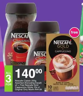 Save Nescafe Classic 200g Assorted (excluded Decaf) x2 + Free Nescafe Gold Cappuccino Sticks 10s x 1 Original Worth 44.99 offer