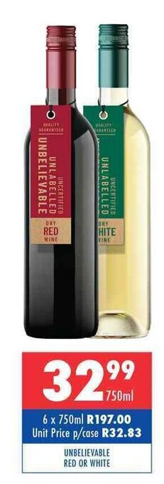 Ultra Liquors Unbelievable Red or White 750ml offer