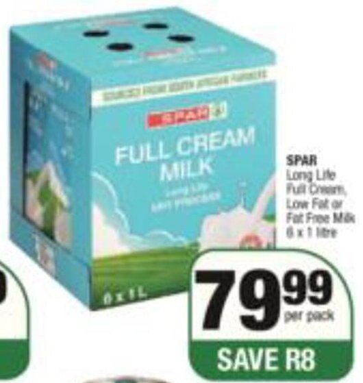 Spar Full Cream Low Fat or Fat Free Milk 6 x 1 litre offer at Spar