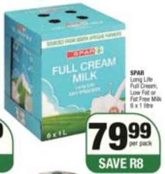 Spar Spar Full Cream Low Fat or Fat Free Milk 6 x 1 litre offer