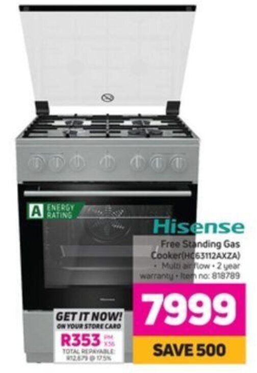 Hisense Free Standing Gas Cooker 818789 offer at Game