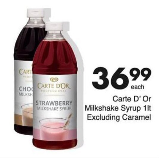 Carte D Or Strawberry Milkshake Syrup 1lt Offer At Save Hyper