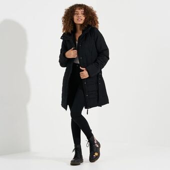 Ladies belted puffer jacket with faux fur collar & hood