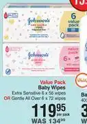 Dis-Chem Johnson's value pack baby wipes extra sensitive 6 x 56 wipes- per pack offer