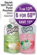Dis-Chem Squish 100% fruit puree pouches assorted- for 1 x 200ml offer