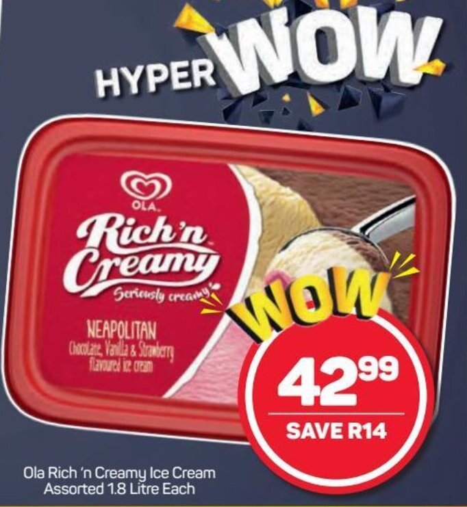 Ola Rich 'n Creamy Ice Cream 1.8 litre offer at Pick n Pay Hypermarket